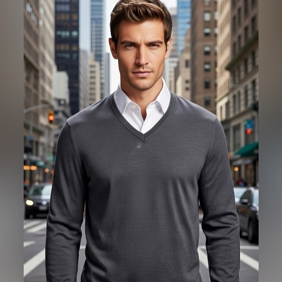 Hart Schaffner Marx Charcoal V-Neck Sweater 100% Merino Wool Elbow Patches NWT